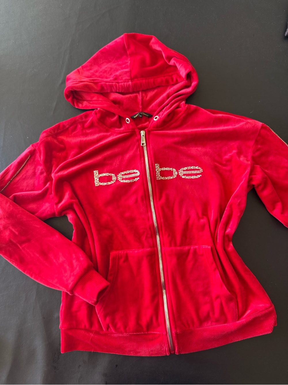 bebe Red Velour Zip-Up Hoodie with Rhinestone Logo